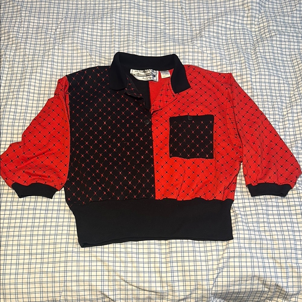 Vintage Red and Black Patterned Women's Collared Blouse